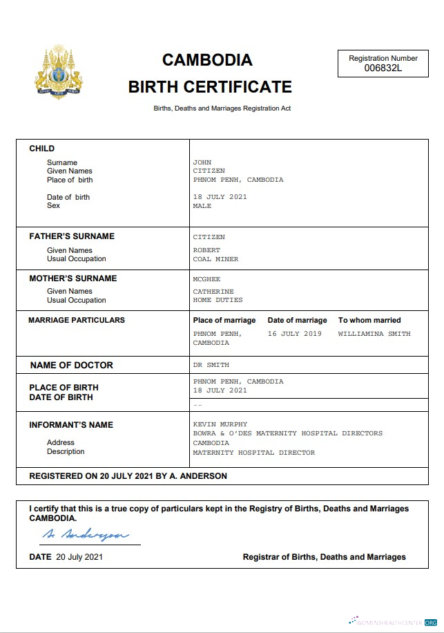 Download Cambodia birth certificate Word and PDF template Photoshop template